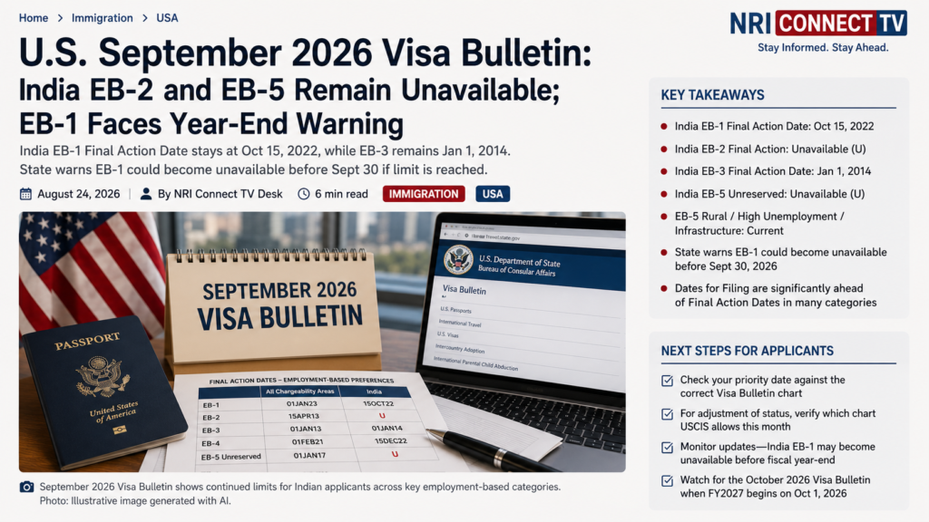 U.S. September 2026 Visa Bulletin: India EB-2, EB-5 Remain Unavailable